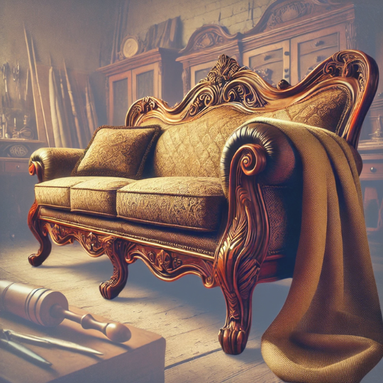 ahşap oyma desenli cilalı klasik koltuk ve doseme kumasi