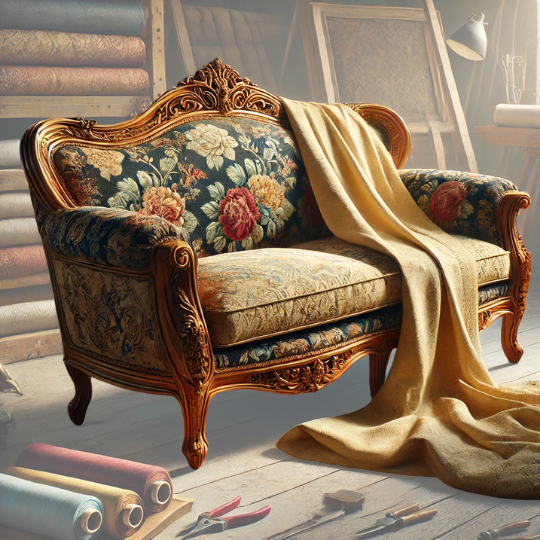 ahşap oymalı gul ve kırmızı sarı cicek desenli kanepe