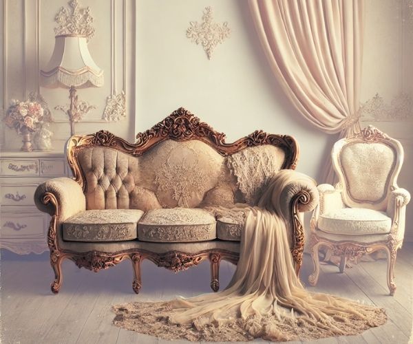 Antika görünümlü ahsap dantel kapitone detaylı bej kanepe