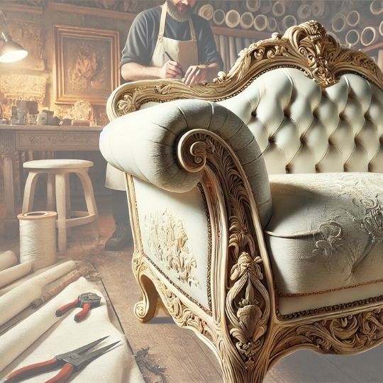 Beyaz ahşap işlemeli lüks koltuk