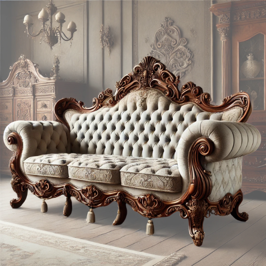 desenli döşemelik kumaşlı oymalı puskullu lüks koltuk