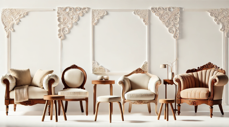 Modern lüks fransoz iskandinav tarzı ahşap oymalı krem ve bej kanepe berjer ve puf