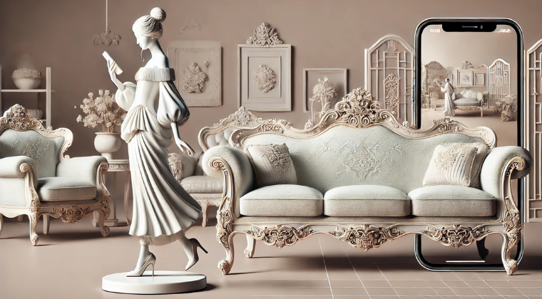 Telefonlu beyaz biblo kadın ve fransız tarzı lüks koltuk takımı